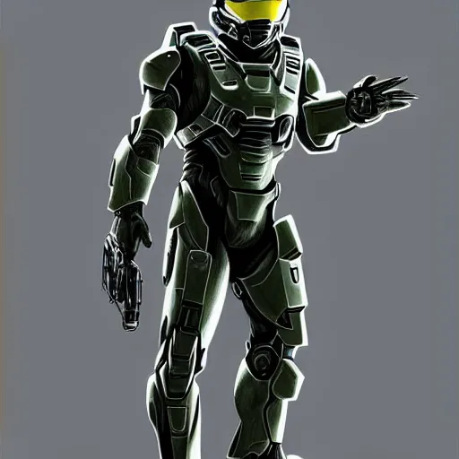 Image similar to A combination of Robert Downey Jr's and Tom Cruise's appearances wearing Master Chief's armor from Halo, high tech, action shot, angular, full body portrait, futuristic, dramatic, fantasy, intricate, elegant, highly detailed, digital painting, artstation, concept art, matte, sharp focus, illustration, 8K, art by Donato Giancola and James Gurney