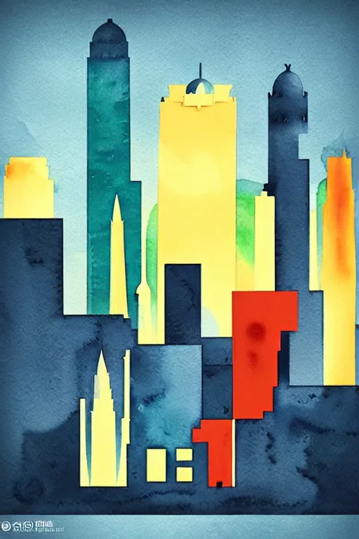 Image similar to minimalist colorful watercolor line art of duabi, art deco, cityscape, matte drawing, poster art