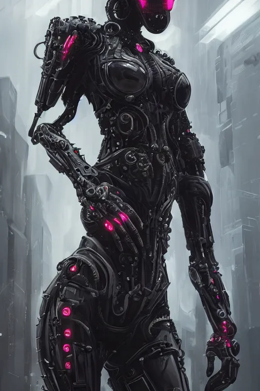 Image similar to ultra realist and ultra intricate detailed soft painting of an armored female with cyber biomechanical spider like body, symmetry features, sensual gloomy style, volumetric clouds, cyberpunk background, artstation, unreal render, depth of field