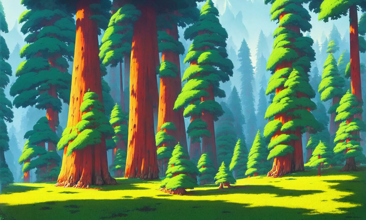 Prompt: Sequoia forest in a colorful moutain with beautiful trees , no people, morning, by studio ghibli painting, superior quality, masterpiece, traditional Japanese colors, by Grzegorz Rutkowski, concept art