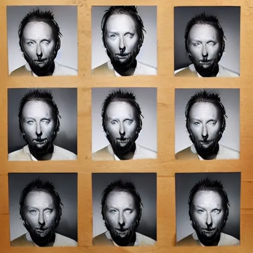 Image similar to photobooth prints of random thom yorke versions on a table, hyper realistic, many very random variations of thom yorke, various emotions, various poses, high quality photographs, mixed styles, intricate details, diverse