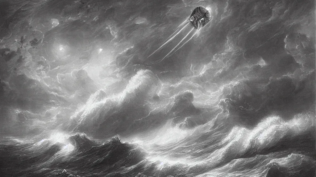 Prompt: drawing of an alien spacecraft flying above a stormy ocean, by gustave dore, nineteenth century, black and white, vintage, science fiction, epic composition, dramatic lighting, highly detailed, cinematic