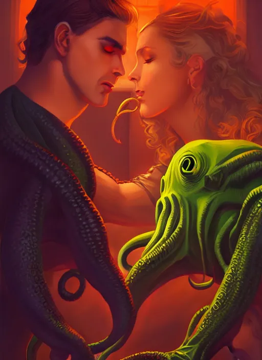 Image similar to mills and boon romance novel cover with cthulhu and fabio, they are in love, digital painting, artstation, concept art, smooth, sharp focus, warm lighting,