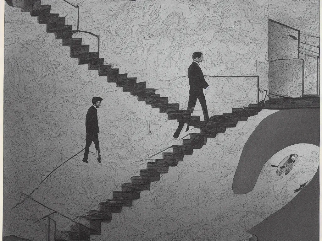 Image similar to lithograph printed in 1976. It depicts a man in a art gallery viewing a print of a seascape. The man's reflection is seen in the print, and the reflection shows the man walking down a staircase. The staircases in the print appear to be infinite, By M. C. Escher, colorized by Hayao Miyazaki