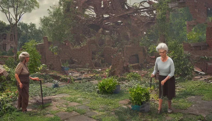 Prompt: old lady working in a craft garden in washington dc's ruins, vegetation, collapsed buildings, debris, cloudy day, volumetric light, hyperdetailed, artstation, cgsociety, 8 k