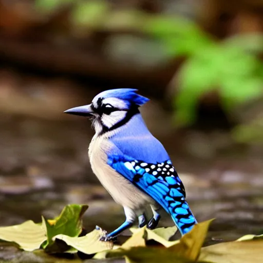 Prompt: bluejay standing next to a river in a forest in autumn