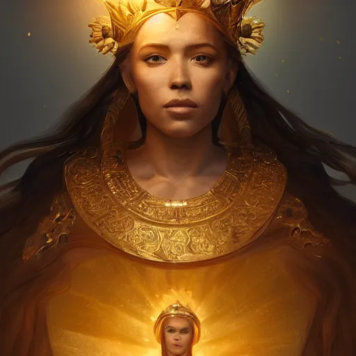 Image similar to a beautiful portrait of a sun goddess with a golden crown, sunlight beams, god rays, volumetric lighting, detailed, greg rutkowski, 8 k