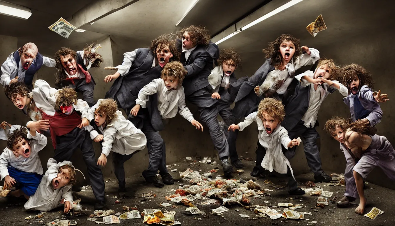 Image similar to disheveled children in rags and obese men in suits fighting in a squalid subway over piles half eaten fast food and money, hyper realistic photo, full colour, upscale, 8 k, masterpiece,