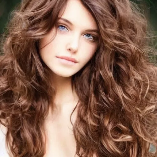 Image similar to add long wavy hair to photo, very pretty model, heart shaped face