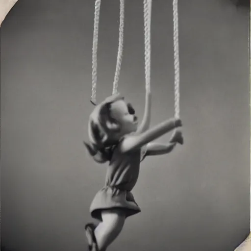 Prompt: 1 9 5 0 s children toys on strings leaping towards you, scary, fear, horror, thriller, jump scare, pov, polaroid,