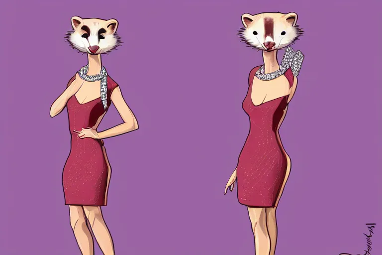 Prompt: detailed illustration : ferret character : wearing diamonds : wearing a stravagant dress : wearing stiletto : head torso legs feet : behance artstation