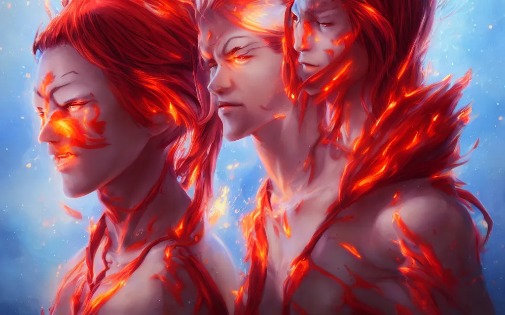 Image similar to A realistic anime portrait of a beautiful fire spirit twins with glowing red eyes and firey skin wearing clothes made of flames, digital painting, by Stanley Artgerm Lau, Sakimichan, WLOP and Rossdraws, digtial painting, trending on ArtStation, SFW version