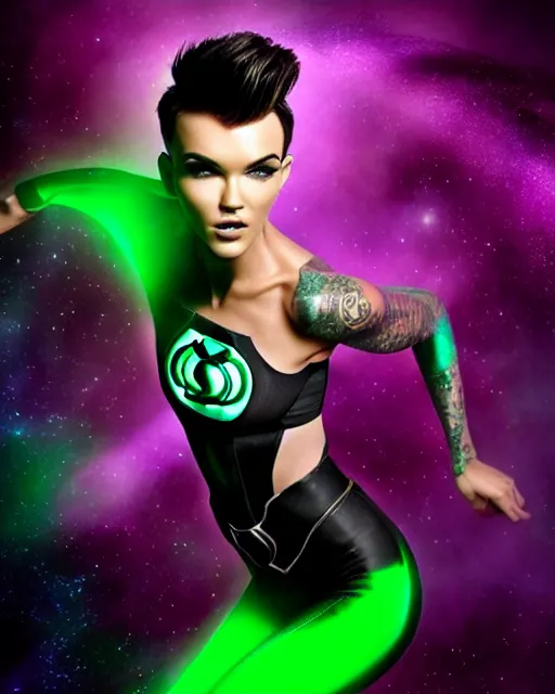 Image similar to photos of beautiful actress Ruby Rose with flawless skin and no tattoos colored as the purple skinned Green Lantern soranik natu as she soars thru outer space,Ruby Rose, photogenic, purple skin, short black pixie like hair, particle effects, photography, studio lighting, cinematic