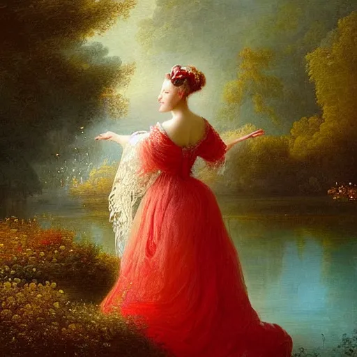 Prompt: a stunning painting of a beautiful lady with white long hair and dressed with a red victorian cloak, standing in a lake, mist, morning light, dreamy atmosphere, cinematic, style of Jean-Honoré Fragonard