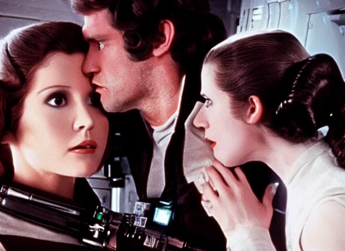 Image similar to screenshot of Han Solo dressed up as an imperial officer kissing Princess Leia Organa, iconic scene from 1970s thriller film directed by Stanley Kubrick, in a sci-fi shipping port, last jedi, 4k HD, cinematic lighting, beautiful portraits of Harrison Ford and Carrie Fischer, moody, stunning cinematography, anamorphic lenses, kodak color film stock