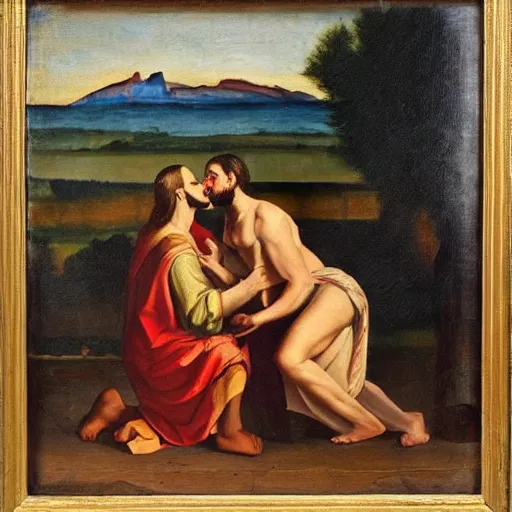 Prompt: 1 8 th oil panting of a jesus kissing a prostitute