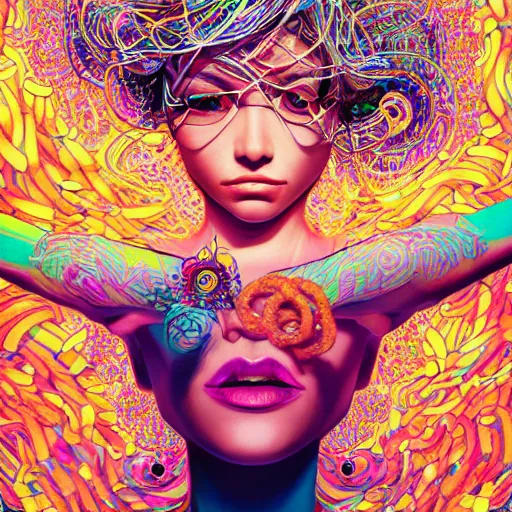 Image similar to the portrait of a ridiculously beautiful and pretty woman partially made of onion rings of all colors looking up, an ultrafine detailed illustration by james jean, final fantasy, intricate linework, bright colors, behance contest winner, vanitas, angular, altermodern, unreal engine 5 highly rendered, global illumination, radiant light, detailed and intricate environment