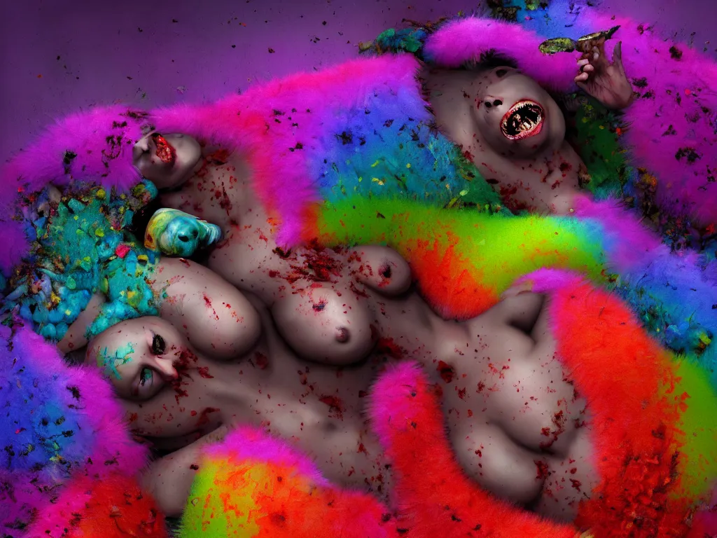 Prompt: a picture of a beautiful!!!! colorful flesh - eating!!!! yamazaku covered in rainbow fur, the ground is covered in maggots!!!!, hallucination, fear, morbid, nightmare, supernatural, 8 k, unreal engine, highly detailed, chiaroscuro, terrifying, trending on artstation