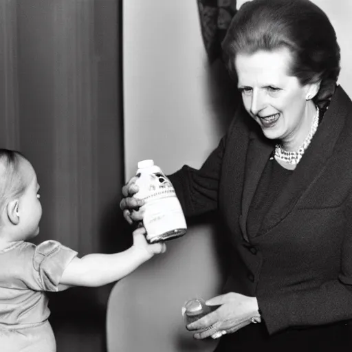 Image similar to margaret thatcher taking a bottle of milk from a baby