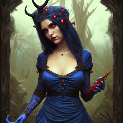 Prompt: wide angle, necromancer tiefling, blue dress, jeweled horns, focused, forest, female, d & d, fantasy, intricate, elegant, highly detailed, long black hair, digital painting, artstation, octane render, concept art, matte, sharp focus, illustration, hearthstone, art by artgerm, alphonse mucha johannes voss