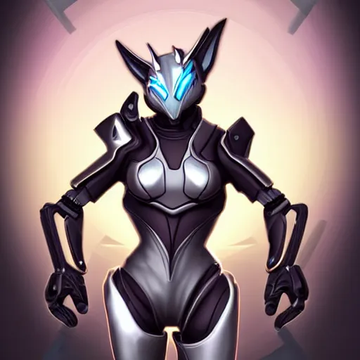 Image similar to bust shot of a cute stunning robot anthropomorphic female dragon, with sleek silver armor, a black OLED visor over the eyes, making a cute pose, on the beach at sunset, highly detailed digital art, furry art, anthro art, sci fi, warframe art, destiny art, high quality, 3D realistic, Furaffinity, Deviantart