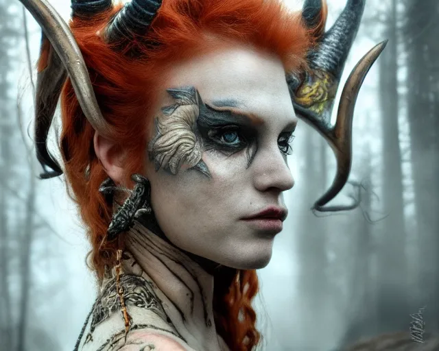 Image similar to 5 5 mm portrait photo of an armored gorgeous anesthetic redhead woman warrior with a face tattoo and horns growing from her head, and dragon sitting on her shoulder in a magical forest in the style of stefan kostic, art by luis royo. highly detailed 8 k. intricate. lifelike. soft light. nikon d 8 5 0. cinematic post - processing