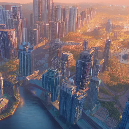 Prompt: many skyscrapers with straight features, big blue river with bridge in the middle, golden hour, artstation, unreal engine 5, photorealistic, hyperdetailed, beautiful, epic scene, aerial view,