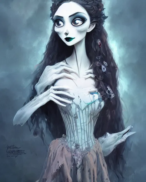 Image similar to elegant mysterious gracious undead victoria everglot from the corpse bride, portrait, illustration, the land of the death, skeletal hand, rim light, top light, summer clear blue sky, perfectly shaded, soft painting, art by krenz cushart and wenjun lin