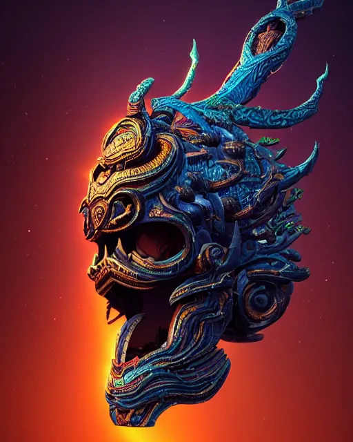 Image similar to 3 d ornate carved dark cosmic warrior with profile portrait, sigma 5 0 0 mm f / 5. beautiful intricate highly detailed quetzalcoatl skull. bioluminescent, plasma, lava, ice, water, wind, creature, thunderstorm! artwork by tooth wu and wlop and beeple and greg rutkowski, 8 k trending on artstation