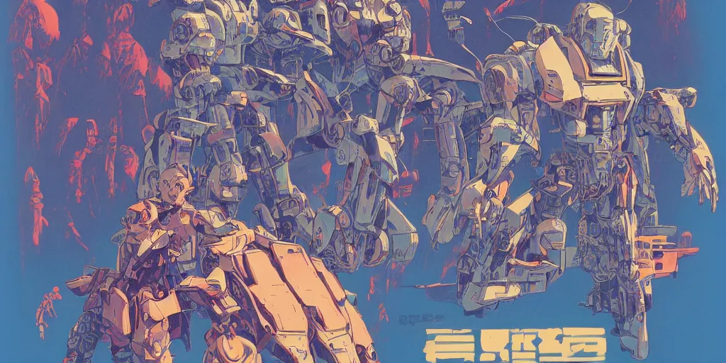 Image similar to risograph, gigantic mecha faces, no artifacts, tiny rats, a lot of exotic animals around, big human faces everywhere, by satoshi kon and moebius, matte blue colors, surreal design, crispy, super - detailed, a lot of tiny details, no blur, 4 k, fullshot