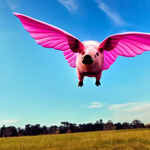 Prompt: national geographic photograph of a flying pig with big pink wings, soaring through the sky, flying above other pigs. daylight, outdoors, wide angle shot