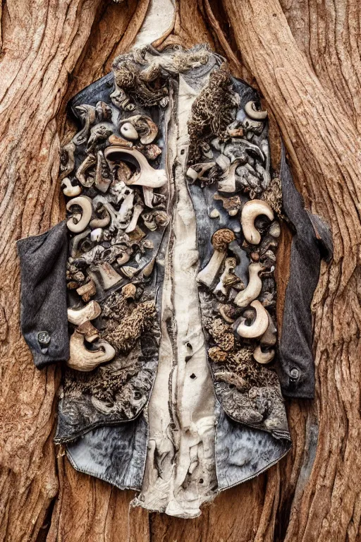 Image similar to A beautiful jacket carved out of dead wood with lichen and mushrooms, on a skeleton. High quality, high resolution, studio lighting