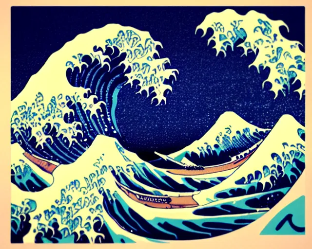 Prompt: Great wave off Kanagawa, cyberpunk, neon, dramatic lighting