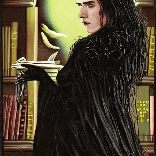 Prompt: young jennifer connelly as innocent sad gothic beauty with black feathers instead of hair, gray - skinned, black hands tipped with black claws, feathers growing out of skin, moulting, black cloak, in opulent library, romantic, comic book cover, vivid, beautiful, dreamy, illustration, highly detailed, rough paper, dark, oil painting
