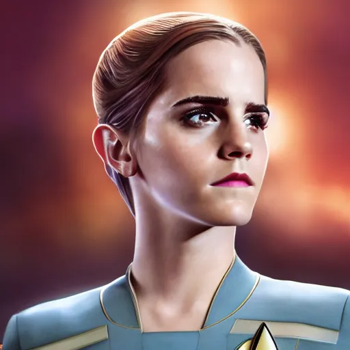 Image similar to a full body portrait of emma watson as a star fleet officer from star trek next generation, ultra rendered extreme realism and detail, 8 k, highly detailed, realistic, completely framed, hyper realistic, colorful, direct lighting, 3 5 mm photo, photorealistic, sharp focus