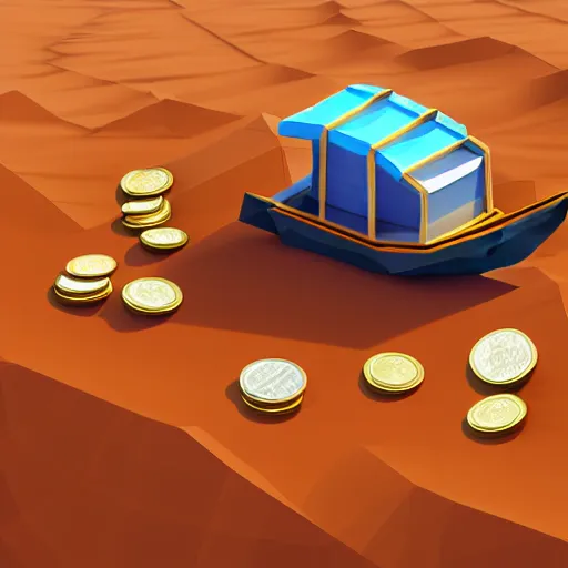 Image similar to boat in the dessert filled with coin and jewl collectables, game concept, low poly, horizontal view perspective