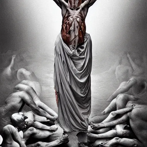 Image similar to the blasphemous caricature of the human body, hyperealistic detailed photography, divinity, awful