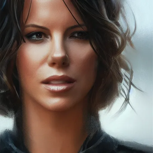 Prompt: closeup portrait of a kate beckinsale, seductive smile, chiaroscuro, city background, golden hour, dramatic lighting, complementary contrast, high detail, painted by greg rutkowski, painted by igor kieryluk, trending on artstation