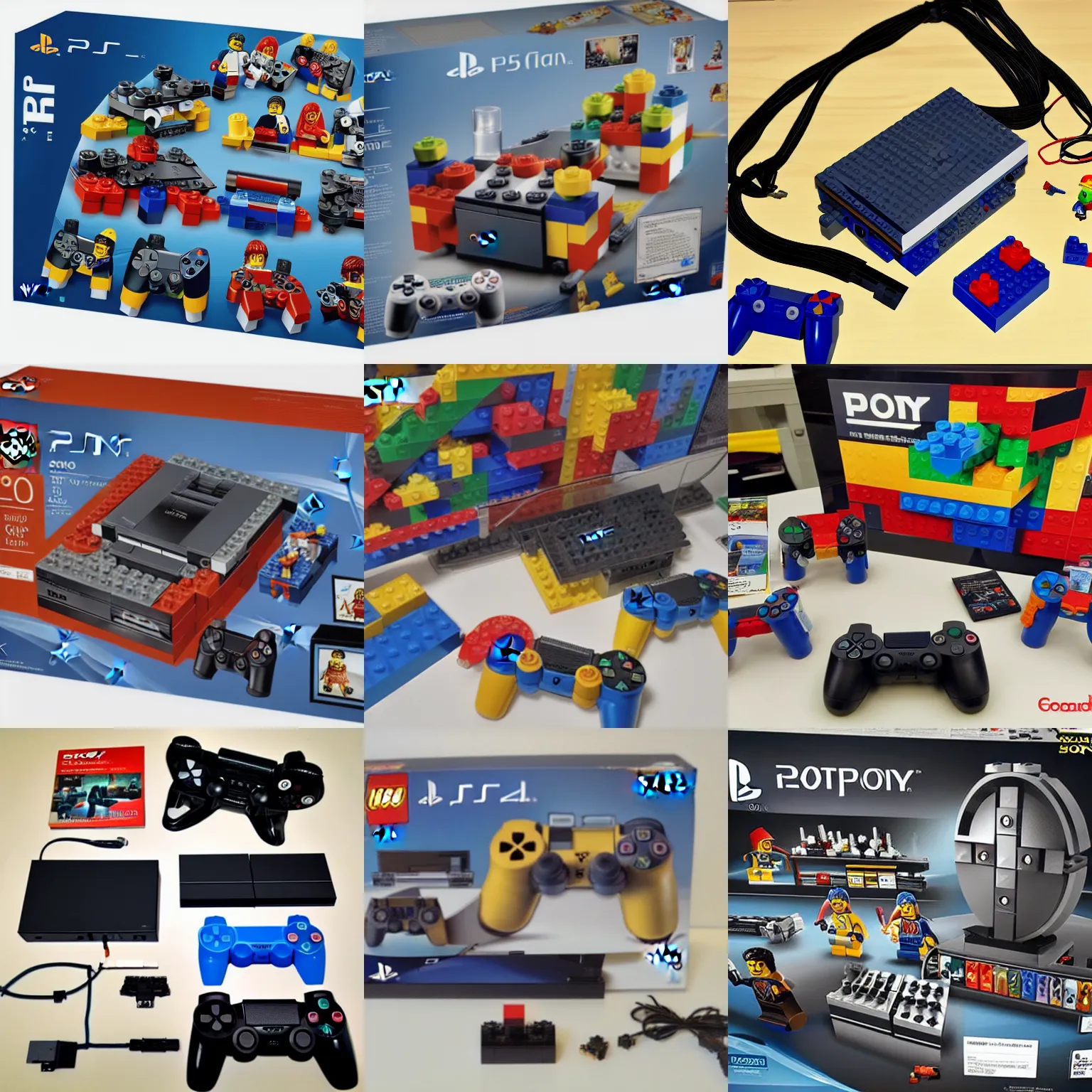 Prompt: console sony playstation assembled from lego