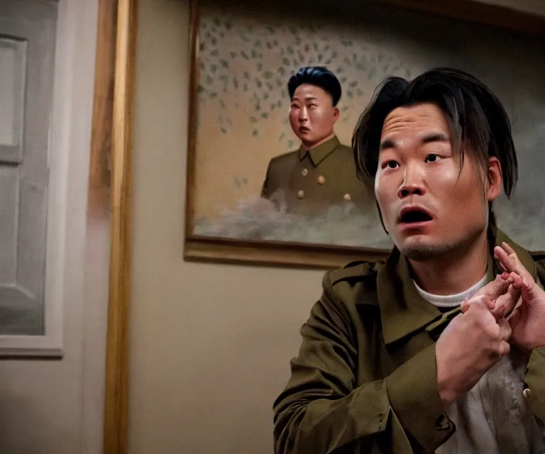 Image similar to hyperralism pineapple express movie still photography of real detailed north korean kim chen with detailed face smoking detailed weed in detailed basement bedroom