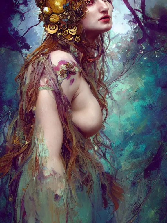 Prompt: Full view portrait Bohemian Maiden goddess of the woods, 4k digital illustration by Ruan Jia and Alberto Seveso, art nouveau iconography background, head head face face, award winning art, gold details, rim light, tarot card, intricate details, realistic, full view, Artstation, CGsociety