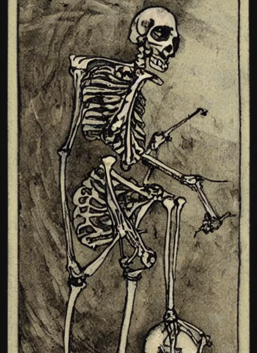 Image similar to tarot card featuring a skeleton holding a bong, rider - waite, by pamela colman smith