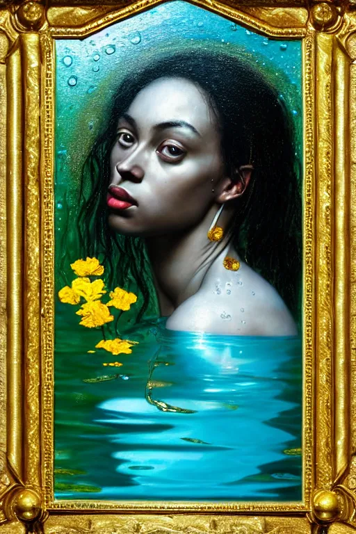 Image similar to hyperrealistic precisionist cinematic profile very expressive! oshun goddess, ophelia in water! john everett millais, mirror dripping droplet!, gold flowers, highly detailed face, digital art masterpiece, smooth eric zener cam de leon, dramatic pearlescent turquoise light on one side, low angle uhd 8 k, shallow depth of field