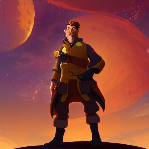 Prompt: stylized explorer character design in 3D in front of a space golden landscape, treasure planet by disney, highly detailed, digital painting, artstation, concept art, illustration, 4k