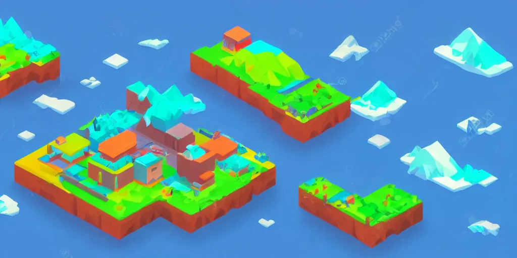 Image similar to an isometric colorful videogame world, epic mountains, duotone, azure ocean in the background, blocks