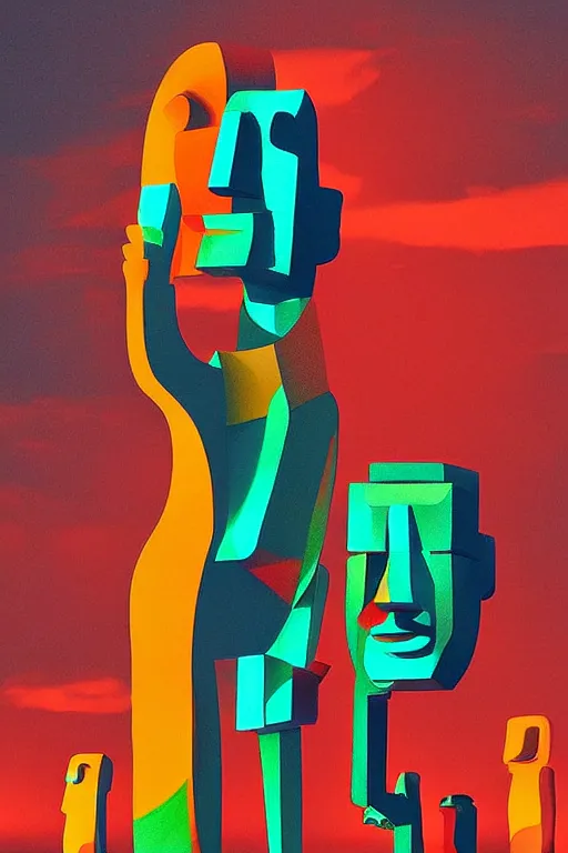 Image similar to cubist moai statue cutout digital illustration cartoon colorful beeple