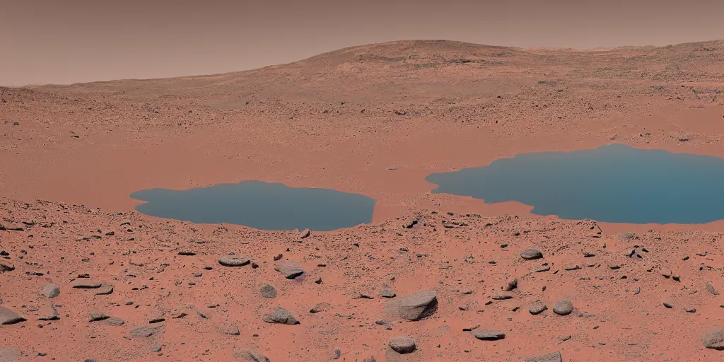 Prompt: photo on mars with plants and lakes on its surface, mountains, trees, bright fauna