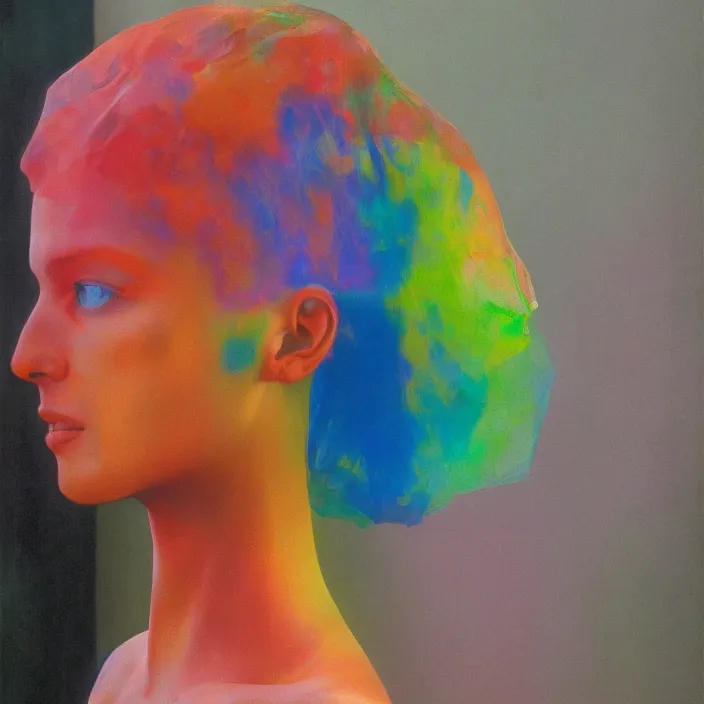 Image similar to colorful rainbow woman portrait in a translucent clothing made from plastic bag at store display, highly detailed, artstation, art by , edward hopper, zdislav beksinski, wayne barlowe