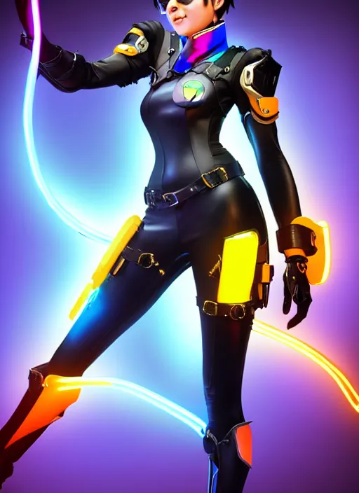 Image similar to full body digital artwork of tracer overwatch, wearing black iridescent rainbow latex, 4 k, expressive happy smug expression, makeup, in style of mark arian, wearing detailed black leather collar, wearing sleek armor, black leather harness, expressive detailed face and eyes,