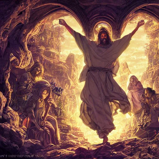 Prompt: the transfiguration of jesus christ, an ultrafine hyperdetailed illustration by kim jung gi, irakli nadar, intricate linework, bright colors, octopath traveler, final fantasy, unreal engine 5 highly rendered, global illumination, radiant light, detailed and intricate environment